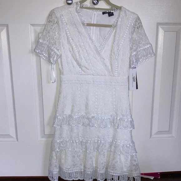 French Connection Arta Lace Ruffle Dress - Linen White - 4